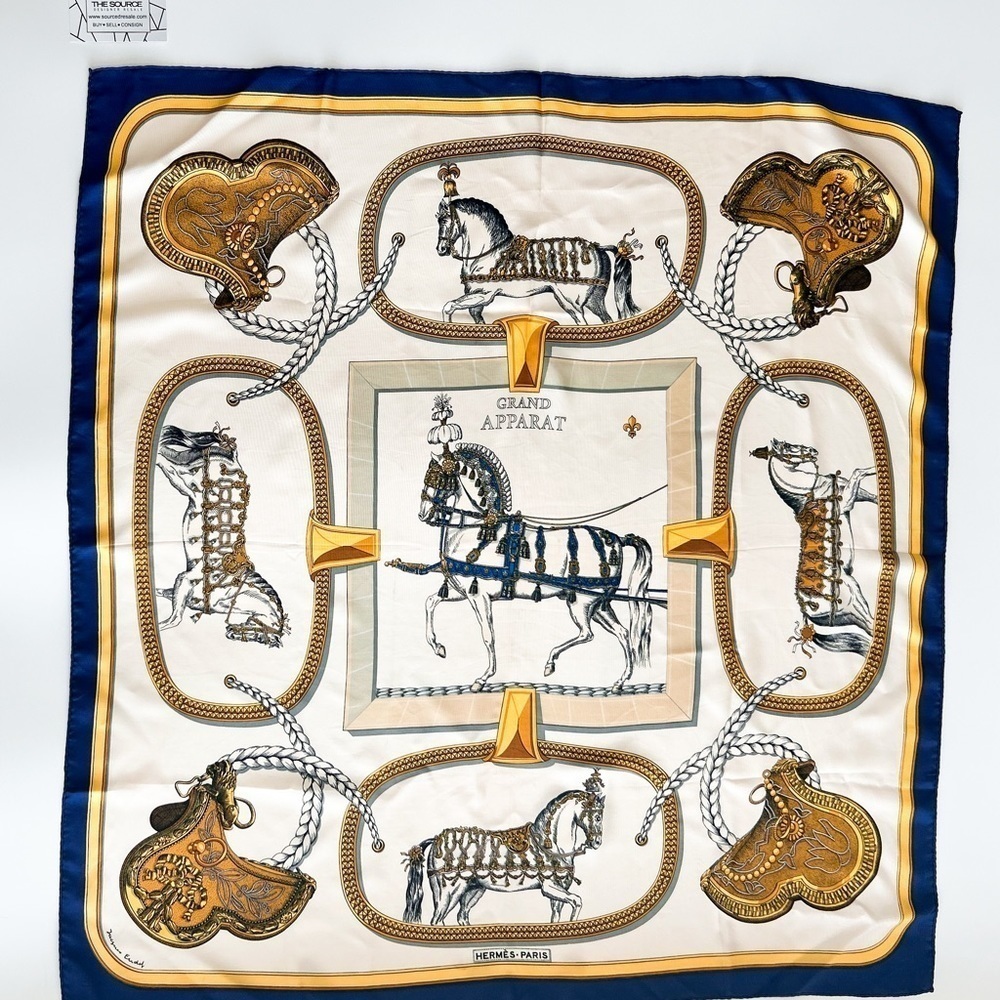 HERMES 100% silk scarf Carre 90 GRAND APPARAT Scarf Multicolor blue border